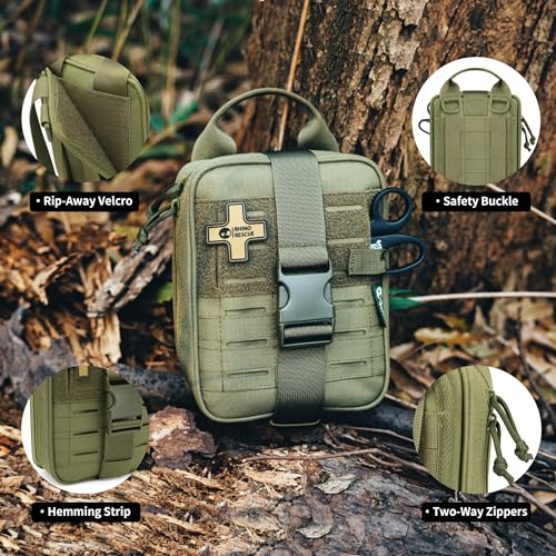 RHINO RESCUE Survival First Aid Kit, HSA/FSA Eligible, Emergency Kit Molle Pouch IFAK Medical Kit for Vehicles Car Camping Backpacking Hiking Hunting - color: Ranger Green