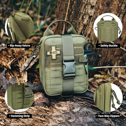 RHINO RESCUE Survival First Aid Kit, HSA/FSA Eligible, Emergency Kit Molle Pouch IFAK Medical Kit for Vehicles Car Camping Backpacking Hiking Hunting - color: Ranger Green