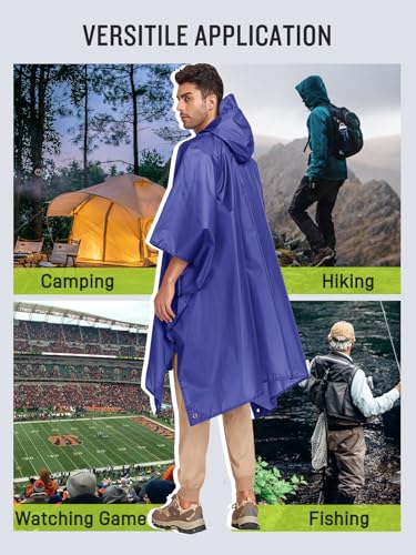 SaphiRose Extra Thick Hooded Rain Poncho Double Layer Waterproof Raincoat Jacket for Men Women Adults - color: Blue