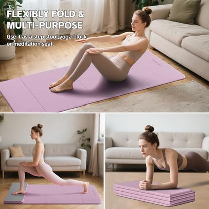 7-Fold Yoga Mat 70"x24" - 1/2 Inch Thick Folding Exercise Mat, Compact Non-Slip TPE Mat for Travel, Storage, Yoga & Home Gym, Lightweight & Portable - color: Taro Purple + Warm Gray