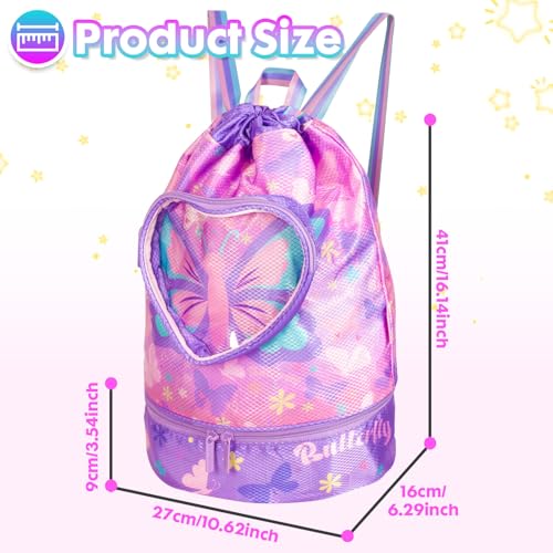 Drawstring Backpack for Kids Girls, Cute Cartoon Butterfly Waterproof Drawstring Bag String Swim Gym Sports Beach Bag with Shoes & Sunglasses Compartment and Wet Proof Pocket - color: J11. Butterfly