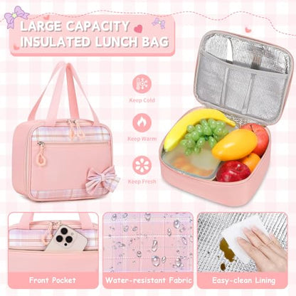 MOONBABY Girls Backpack, Kids Backpack for Girls School Bags with Lunch Bag & Pen Case, Bow Plaid Book Bag for Elementary Middle Primary High School College,Pink-3pcs - color: Pink Set