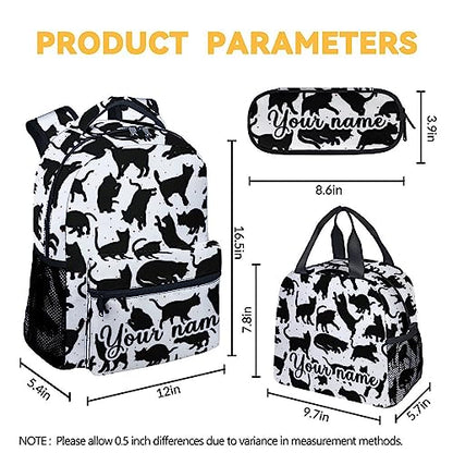 Personalized Cat Backpack with Lunch Box and Pencil Case, 16 Inch Cat Theme Bookbag with Adjustable Straps, Durable, Lightweight, Large Capacity, School Backpack for Girls Women - color: Color-3-3