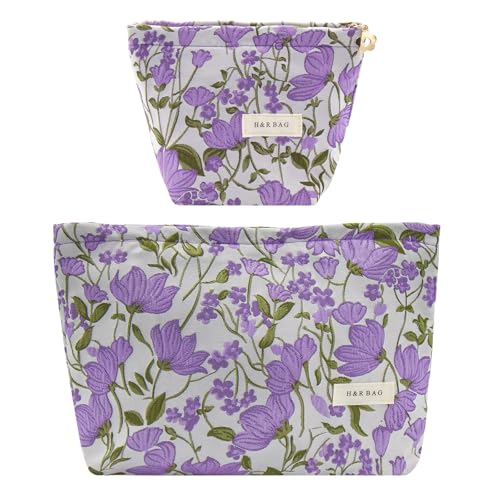 getgto 2 Pcs Makeup Bags, Large Cosmetic Bag Travel Toiletry Bag Organizer for Women, Embroidery Craft, Floral Makeup Bag Small Cosmetic Pouch Purse with Zipper Gifts for Girls Teen - color: Violet