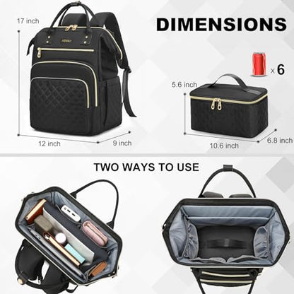 AIJIEKE Lunch Backpack for Women, 15.6 Inch Laptop Backpack with Detachable Insulated Cooler Lunch Box, 2-in-1 Water Resistant Work Computer Bag for Nurse Teacher College Commute, Black - color: Black