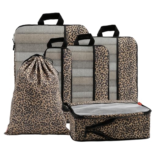 U+U 6 Set Compression Packing Cubes - Ultralight Travel Organizers with Laundry Bag, Space-Saving Suitcase Organizer, Expandable Packing Cubes for Travel, Business Trip and Family Vacation (Leopard) - color: Leopard, size: 6 Set