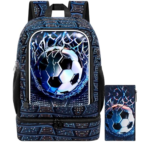 HPJGD 2-in-1 Kids Backpack for Boys, 17" Soccer Elementary Bookbag Set with Built-in Lunch Compartment, Water-Resistant School Bag for Preschool - Thrash Net Soccer - color: Uv Printing Net Soccer 2-in-1 Backpack