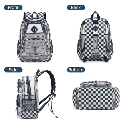 Clear Backpacks for Girls Women, Heavy Duty PVC Transparent Back Pack See Through Boys Kids Clear Bookbags for School Checkered Navy Blue - color: Checkered Navy Blue