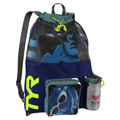 TYR Big Mesh Mummy Backpack for Swim, Gym and Workout Gear, Black, 40-Liter Capacity - color: Navy/Lime