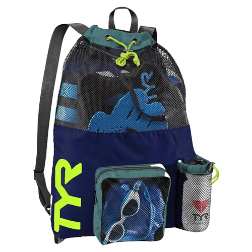 TYR Big Mesh Mummy Backpack for Swim, Gym and Workout Gear, Black, 40-Liter Capacity - color: Navy/Lime
