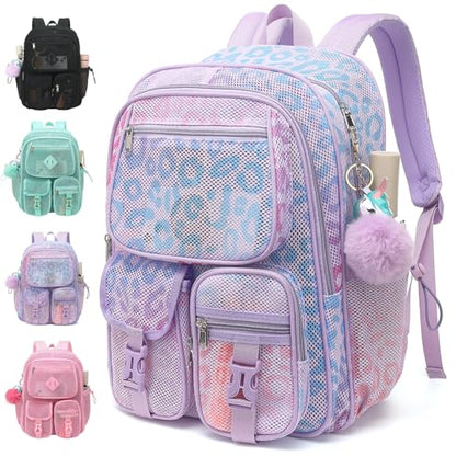 Mesh Backpack for Girls Boys, Heavy Duty Semi-Transparent Mesh Bookbag Womens Mens Mesh Backpacks for School, Sports, Beach, Swimming, Travel Purple Leopard - color: Purple Leopard