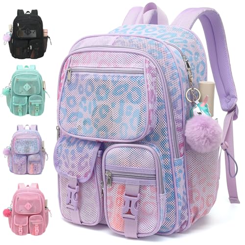Mesh Backpack for Girls Boys, Heavy Duty Semi-Transparent Mesh Bookbag Womens Mens Mesh Backpacks for School, Sports, Beach, Swimming, Travel Purple Leopard - color: Purple Leopard