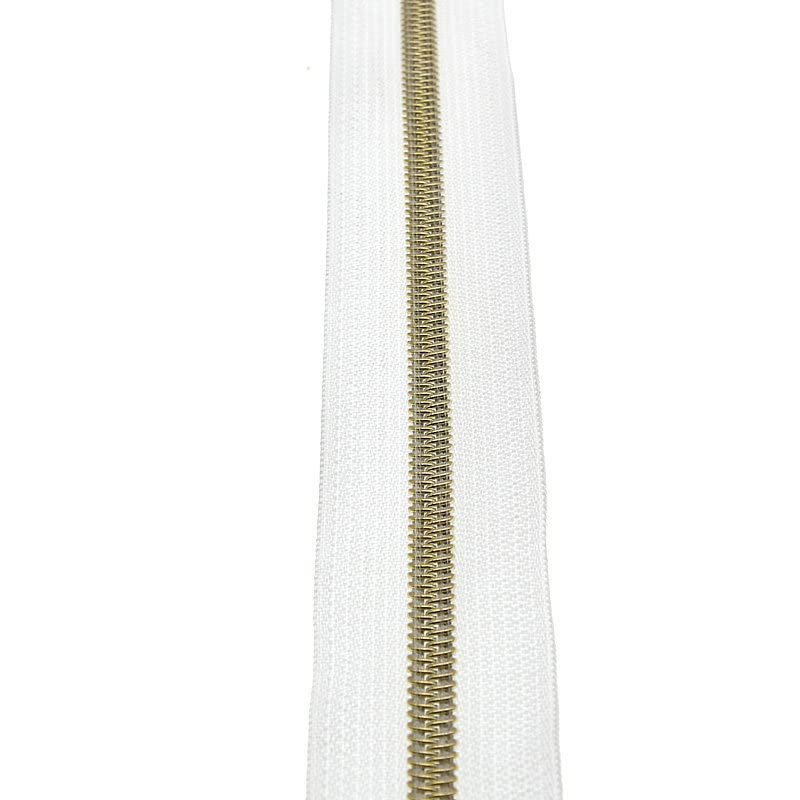 #5 Gold Metallic Nylon Coil Zipper by The Yard, Bulk 10 Yards White Tape with 25PCS Rose Gold Zippers Pulls for Sewing, Bags, Purses YIGUANXIN - color: White-Gold