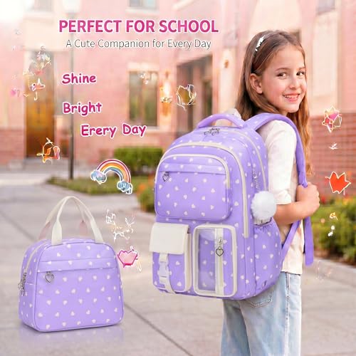 3PCS Kids Backpack Set, School Backpack with Lunch Bag & Pencil Case, Lightweight Waterproof Bookbag for Kids (Purple Heart) - color: Purple Heart
