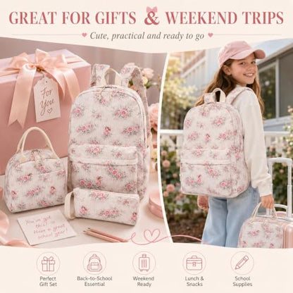 BTOOP School Backpacks for Teen Girls Bookbags Lightweight Kids Backpack School Bags Set with Lunch Box Pencil Case - color: Pink Flroal Fairy
