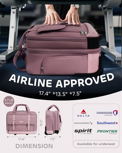 AUROTIER Rolling Laptop Bag Women, Rolling Briefcase for Women with Dual Lock, 16 Inch Computer Bag with Wheels, Roller Underseat Carry On Luggage Personal Item Suitcase for Work Travel Business - color: Pink