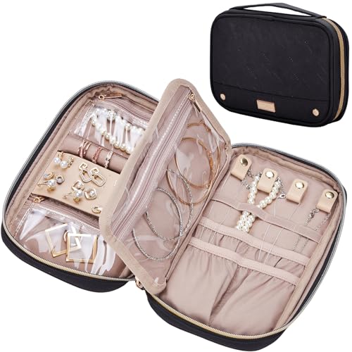 NISHEL Travel Jewelry Case Organizer, Tangle-Free Necklace Storage Bag | Stores necklaces, rings, earrings, bracelets and watches in a compact case for travel, vacations and daily use, Black - color: Black, size: Medium