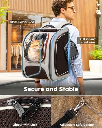 Pecute Dog Backpack Carrier,Large Space Dog Bubble Backpack,Ergonomic,Khaki | Color Blocking,Sunshade curtain,Folding bowl,Transparent window,Sturdy,Large mesh on both sides for breathability - color: Khaki-on-Khaki Color Blocking