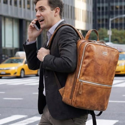 LEATHER VILLAGE Leather Laptop Backpack for Men with Trolley Strap 16L Slim - color: Sun Tan