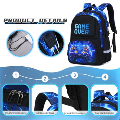 Scothen 3PCS Boys Backpack Set, Cool Backpack for Boys with Lunch Bag & Pencil Case, Kids School Bag Teen Boy Bookbag for Kindergarten Elementary Middle School with USB Charging Port - color: Blue Lightning
