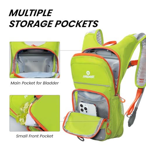 Nepest Kids Hydration Backpack, Mini Water Backpack with 1.5L Water Bladder for Hiking Cycling Running - color: Green