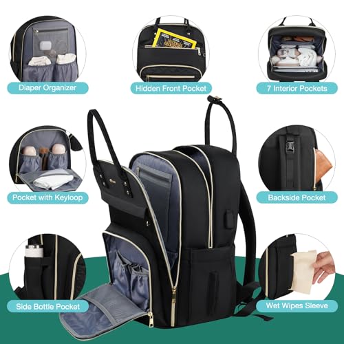 MOMUVO Diaper Backpack for Women Large Capacity with Insulated Pockets Diaper Bags For Baby Girl Boy Waterproof Baby Bags - color: Black-checkered