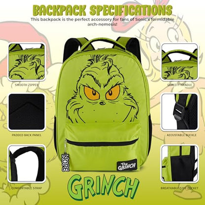 AI ACCESSORY INNOVATIONS Dr. Suess’s The Grinch Backpack for Boys & Girls Featuring a Big Face Grinch, 16”Bookbag w/Molded Nope Dangle, Green - style: Grinch Backpack