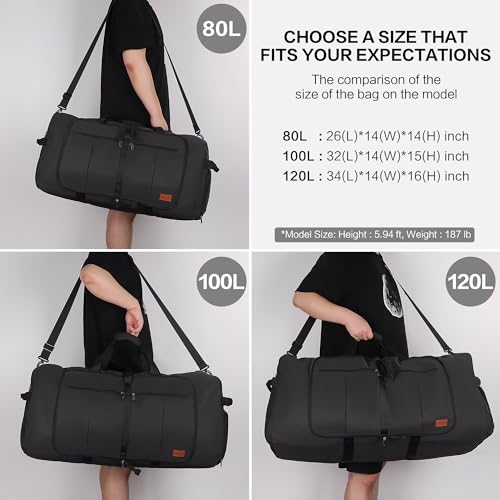 120L Foldable Collapsible Waterproof Travel Duffel Bag for Men and Women with Shoe Compartment - color: Black, size: 120L