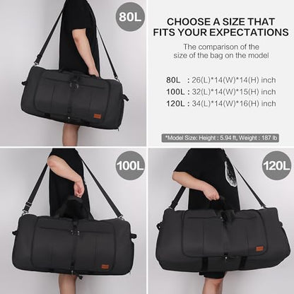 120L Foldable Collapsible Waterproof Travel Duffel Bag for Men and Women with Shoe Compartment - color: Black, size: 120L