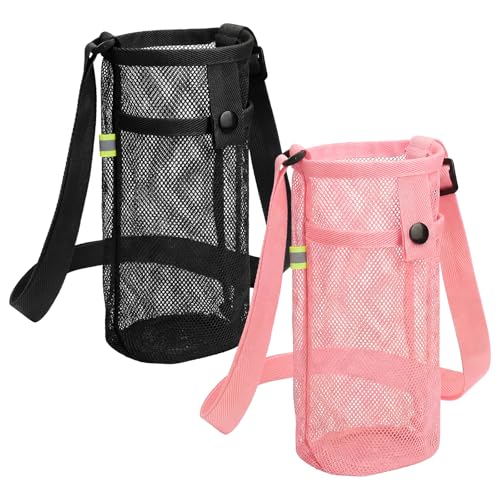 Aspire 2 PCS Water Bottle Holders with Adjustable Shoulder Strap, Water Bottle Carrier Bag with Pouch for Travel, Walking - color: Black & Pink