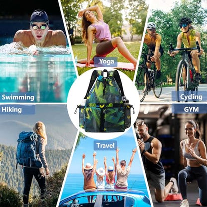 RHCPFOVR Mesh Swim Bags for Swimmers - Drawstring Backpack for Women Men Swim Team Gear Beach Gym Bag Sports - color: Green Geometric Patterns, style: Green Geometric Patterns