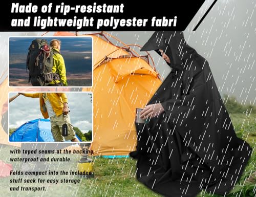 TOMSHOO Multifunctional Raincoat with Hood Hiking Cycling Rain Cover Lightweight Poncho Rain Coat Outdoor Camping Tent Mat - color: Black