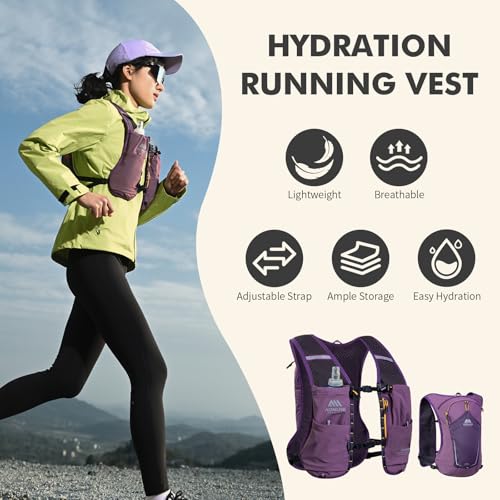AONIJIE Running Hydration Vest for Men Women 8L Backpack with 500ml Soft Flask Water Bottle - style: Purple
