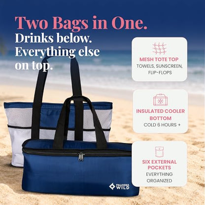 Beach Bag with Cooler Compartment Plus 3 Ice Packs – Keeps Drinks Cold for 6+ Hours – Insulated Beach Tote and Cooler Combo – Stay Organized with Two Bags in One- Perfect for Poolside and Picnics - color: Blue and White