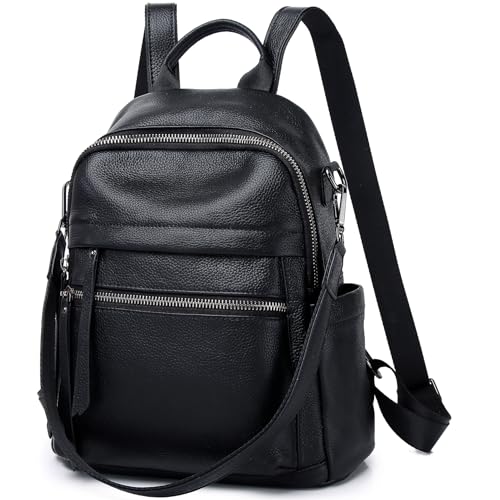 Genuine Leather Backpack Purse For Women Black | Real Soft Leather, Convertible, Ladies Daypack Shoulder Bag - color: Black