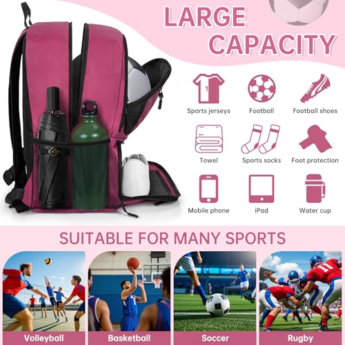 GMAK Soccer Backpack for Youth, Soccer Bag with Ball/Shoe Compartment for Football/Basketball/VB, Lightweight Training Pack - color: Pink