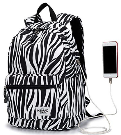 Kinmac Water Resistant Laptop Travel Outdoor Backpack with USB Charging Port for 13 inch 14 inch and 15.6 inch Laptop (Zebras) - color: Zebras