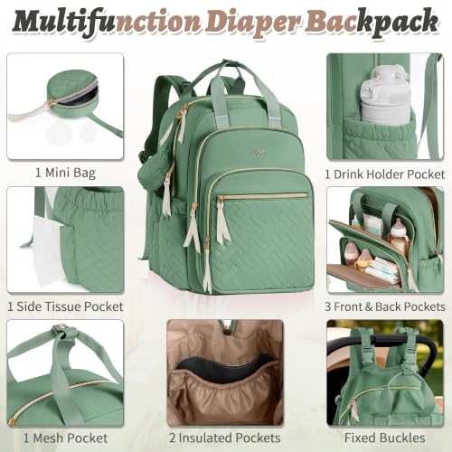 Diaper Bag Backpack, 27L Large Quilted Small Baby Bag with Changing Pad & Pacifier Case, Stroller Hooks, Easy-Access Baby Essential, Maternity Travel Backpack Unisex, Green - color: Green, size: Large