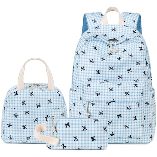 LEDAOU Kids Backpack for Girls Backpacks with Lunch Box, Lightweight Bookbag Set Elementary Middle School Back pack for 8-14 - color: Blue Bow
