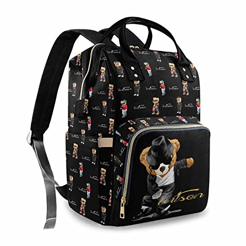 Custom Bear Diaper Bag Backpack for Baby Boy, Personalized Name Cute Cartoon Large Nappy Nursing Orangizer Mommy Bags, Waterproof Travel Daypack for Dad Mom Gifts - color: Bear-black-03