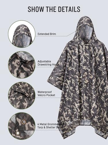 SaphiRose Extra Thick Hooded Rain Poncho Double Layer Waterproof Raincoat Jacket for Men Women Adults - color: Brown Camouflage