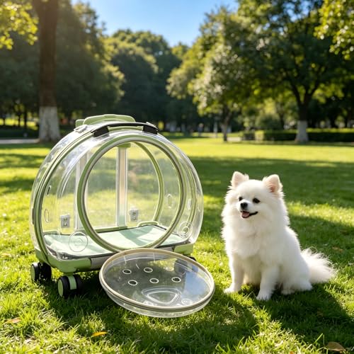 Cat Carrier with Rolling Wheels, Clear Pet Trolley Case Pet Backpack with Multiple Ventilation Holes for Cats and Dogs, Green - color: Green Cat Carrier