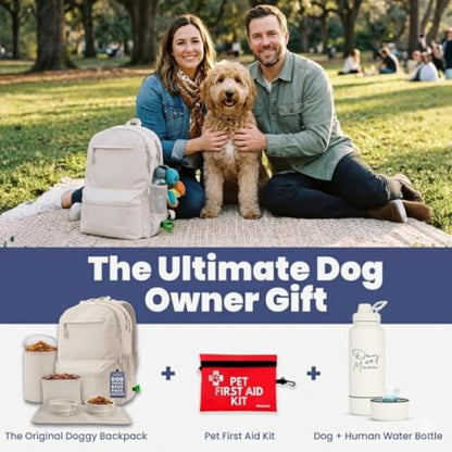 Dog Travel Bag for Supplies - Complete Dog Diaper Bag Backpack with 2 BPA-Free Travel Bowls, Treat Pouch, Food Container, Placemat & Laptop Sleeve – for Traveling, Road Trips, Hiking: Beige - color: Beige