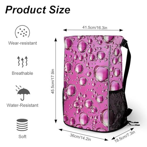 Drawstring Gym Backpack with Shoe Compartment And Wet Pocket, 28L Lightweight Waterproof Peach Water Droplets Sports Backpack for Workout Swim Beach Travel String Bag for Men Women