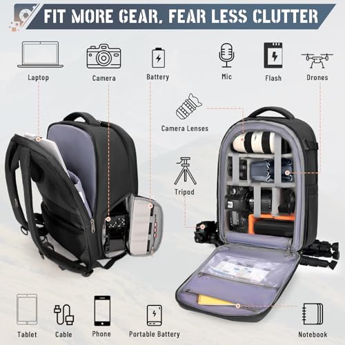 RAINSMORE Camera Backpack Hard Shell for DSLR/SLR Waterproof Camera Bag with Laptop Compartment 15.6 Inch Professional Camera Case with Rain Cover Photography Backpack Bag with Camera Lens Case Black - color: Black