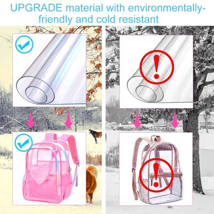 gxtvo 3PCS Clear Backpack Heavy-Duty Set for Women & Teen Girls, 17" Transparent Bookbag with Rainbow Strap, Rose Pink Sequins See Through School Bag - color: Rose Pink Sequins Clear Backpack Set