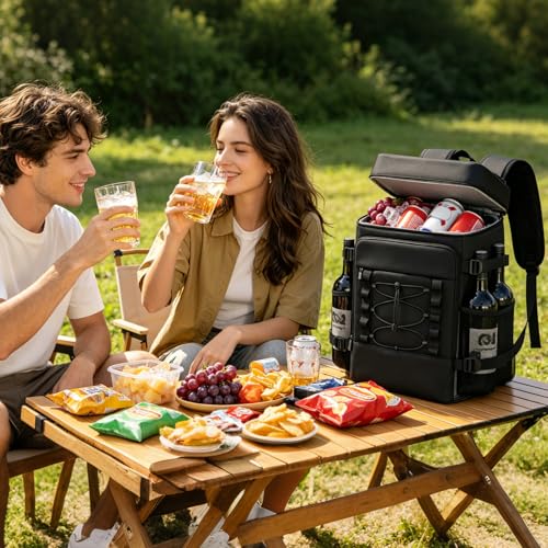 Backpack Cooler Insulated, Leak Proof, 33 Can Capacity, 2 Compartments, Portable Lightweight Thermal Bag for Camping, Beach, Travel, Lunch - color: Black