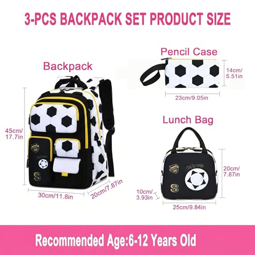 3PCS Kids Backpack Set, School Backpack with Lunch Bag & Pencil Case, Lightweight Waterproof Bookbag for Kids (Black soccer) - color: Black Soccer
