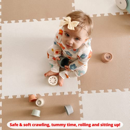 Extra Thick Baby Play Mat Tiles Non-Toxic Foam Floor Puzzle Mat Extra Large Interlocking Activity Playmat for Infants Toddlers Kids Crawling Tummy Time 74x74 Inches (Beige/White) - color: Beige/White