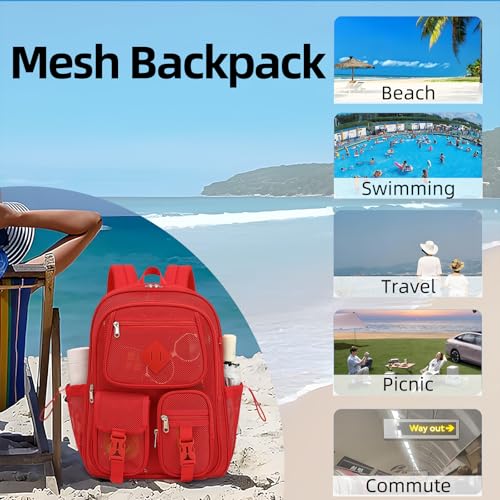 Mesh Backpack for Girls Boys, Women Mesh Bookbags Heavy Duty Semi-Transparent School Bag Net Back Pack for Travel, Beach, Swimming, Work - Red - color: Red